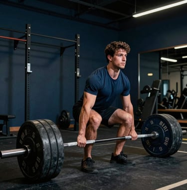 A high-action photograph of a male athlete performing a heavy deadlift in a luxurious, private training studio. Moody navy shadows contrast with bright spotlighting on the athlete's focused expression. North American / US gym setting.