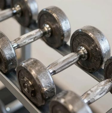 A clean, artistic close-up shot of heavy, high-quality steel dumbbells arranged on a rack. The lighting is soft and natural, emphasizing the metallic textures against an off-white background. North American / US fitness club.