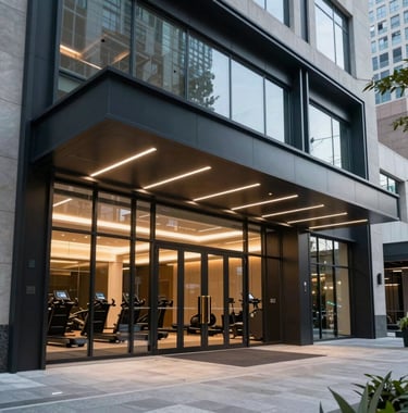 A wide-angle photography shot of a sleek, modern gym entrance in a luxury North American / US urban building. The design is sophisticated, featuring glass, dark navy steel, and bright LED accents.
