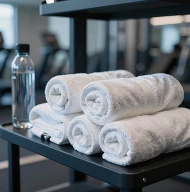 A close-up, luxury photography shot of premium fitness amenities in a North American / US gym. Neatly rolled off-white towels sit on a dark navy shelf beside a glass water bottle. Soft blue lighting creates a high-end spa-like aesthetic.