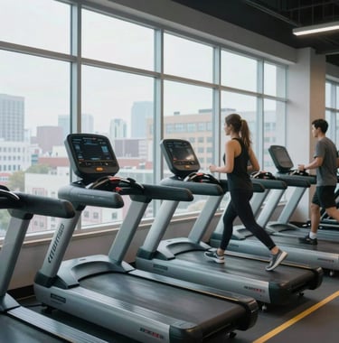 An action photograph of a high-tech cardio zone in a North American / US fitness destination. A row of sleek treadmills faces a panoramic window showing a morning cityscape. The palette is dominated by light blue and off-white tones, conveying freshness and energy.