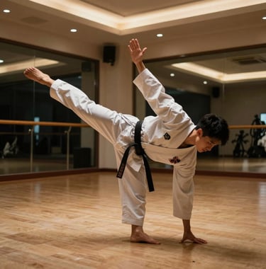 A dynamic shot of a person practicing martial arts or high-level functional movement in a luxury training studio. The lighting is focused and dramatic, highlighting power and precision.