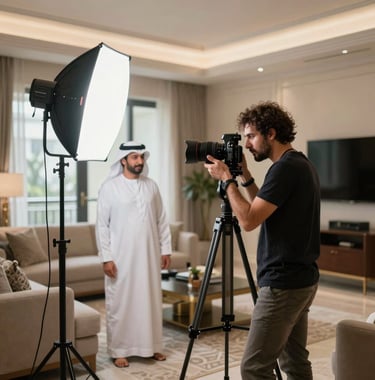 A professional photographer in a luxury Middle Eastern / Gulf apartment setting up high-end lighting and a tripod to capture a sophisticated living area. Professional behind-the-scenes atmosphere.