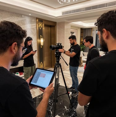 A behind-the-scenes shot of a real estate marketing shoot in a modern Dubai penthouse. A photographer is adjusting a tripod while a team reviews content on a tablet. The setting features black marble floors and gold decorative accents.