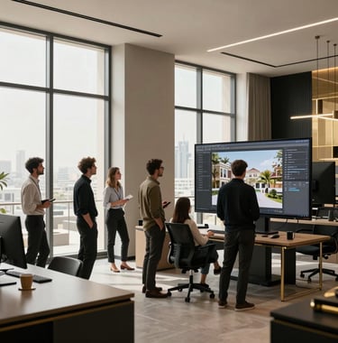 A wide shot of a modern design studio in Dubai with large windows. The team is gathered around a large monitor planning property content. The room is decorated in a sophisticated palette of beige, black, and gold.