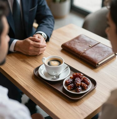 A top-down lifestyle photograph of a professional meeting in a cozy Scandinavian-style cafe in Dubai. A tray with specialty coffee and fine dates sits on a light oak table next to a leather-bound portfolio. Soft, natural daylight.