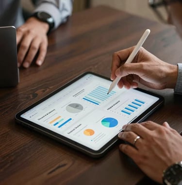 A high-resolution photo of a digital marketing team in Dubai planning a social media campaign. A close-up of a hand using a stylus on a tablet showing property market trends and charts. Sophisticated atmosphere with dark brown and beige textures.