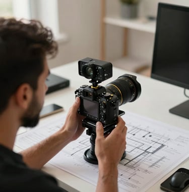 A behind-the-scenes shot in a Middle Eastern / Gulf creative agency. A content producer is adjusting a professional camera over a desk covered in architectural blueprints. Sophisticated lighting, professional setup. Deep ripe black and gold accents.