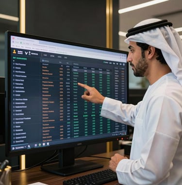 A real estate agent in a modern Dubai office reviewing property market data on a large touchscreen monitor with deep ripe black and gold accents in the background. Middle Eastern / Gulf.