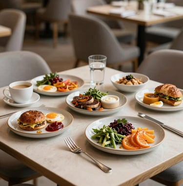 Professional food photography in a Scandinavian-inspired restaurant in the Middle Eastern / Gulf. A light beige table features a minimal breakfast setting with healthy, high-quality ingredients. Natural, soft lighting.