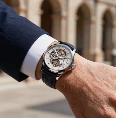 Close-up of a high-end mechanical watch on a wrist dressed in a bespoke navy suit, captured in a Southern European architectural setting with warm sunlight.