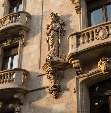 An elegant architectural detail of a modernist building facade in Barcelona, featuring ornate stone carvings and golden-toned morning light. Sophisticated and historic urban atmosphere.