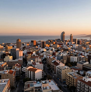 An aerial sunset view of the Barcelona coastline with its distinctive architecture, conveying prosperity and European tradition.