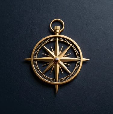 A minimalist gold compass icon on a dark navy leather background, symbolizing direction and financial stability in a luxury context.