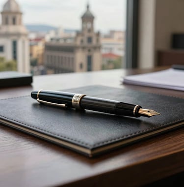 A close-up of a high-end fountain pen resting on a dark wood desk with a leather blotter in a prestigious office in Barcelona. Soft morning light through a window showing Passeig de Gràcia architecture. Southern European / Spanish styling.