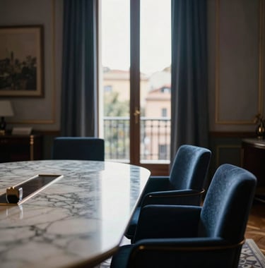 A sophisticated, quiet meeting room in a private bank, with dark blue upholstered chairs, a polished marble table, and a glimpse of a sunlit balcony overlooking Barcelona. Exclusivity and quiet wealth. Southern European / Spanish.