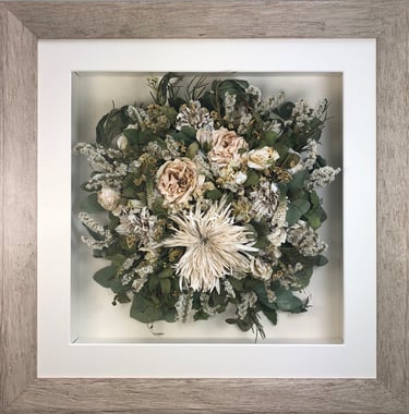 Stunning winter whites Birdseye view preserved wedding bouquet in a frame