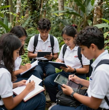 Action shot of South American high school students engaged in a collaborative fieldwork activity in a lush green natural reserve, using tablets and notebooks, bright natural lighting, professional and educational atmosphere.