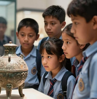 Close-up photography of a group of primary school children in South American school uniforms looking curiously at a historical artifact in a museum, soft natural lighting.