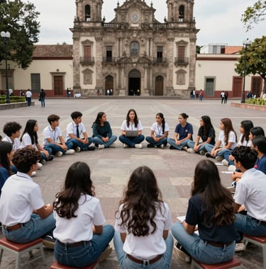 Photography of secondary students sitting in a circle in a historic urban plaza in South America, engaged in an active educational discussion with their teacher.