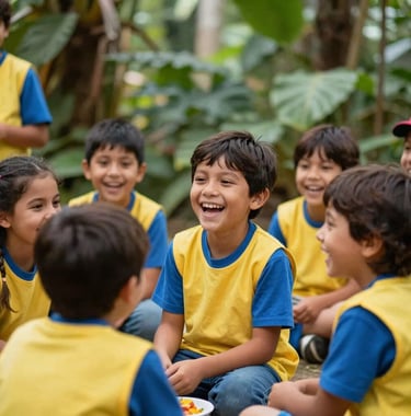 Candid photograph of children laughing during a sensory exploration workshop in a South American botanical garden, soft focus background, vibrant natural colors with yellow and steel blue elements in their uniforms.