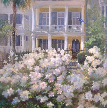 Painting, Dreaming, Charleston, White Point Gardens, Yellow house and white azealeas