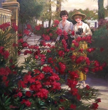 Painting, Charleston, the Battery, two ladies and red oleander flowers next to seawall