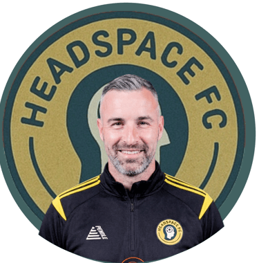 a man with a headspacer and a headset on a green background