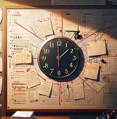 A wall filled with notes connected by red lines, forming a mind map with a clock at the center — sym