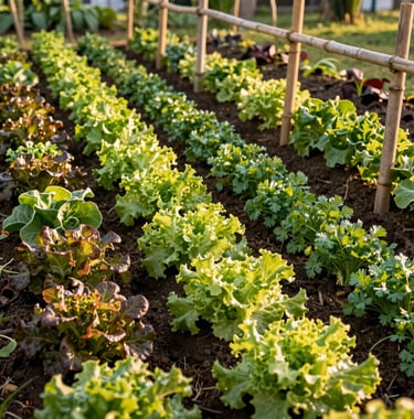 A South American Brazilian gardening scene with diverse leafy greens like lettuce and coriander growing in neat rows, rustic bamboo supports, golden hour sunlight.