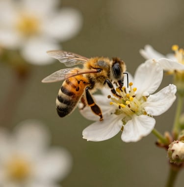 Macro shot of honeybees pollinating flowers in a Brazilian organic garden, background of soft beige and olive green garden beds.