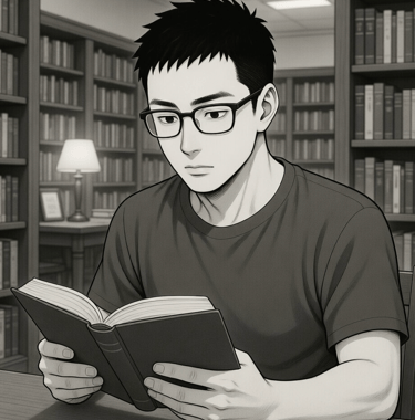 cartoon person reading a nook in library