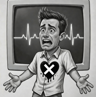 cartoon male with no pulse line and x over his heart