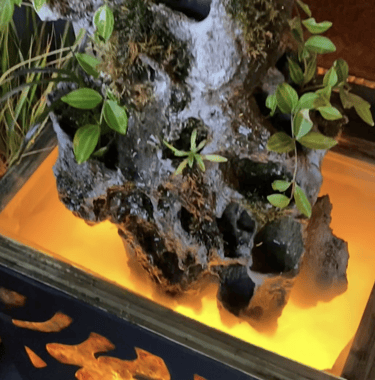 luminated base of tall waterfall sculpture with moss and plants by Phil Mikkelson
