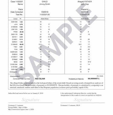 A DNA report with a table of numbers depicting the results