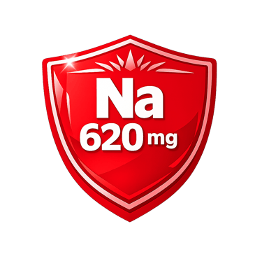 Red shield icon displaying Na 620mg representing sodium content and nutritional information.