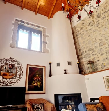 a living room with a fireplace and a chandelier