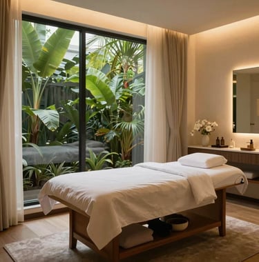 A serene treatment room at a luxury wellness spa in South Jakarta. Large window showing lush green tropical plants outside, elegant wooden massage table, soft cream curtains, gentle warm lighting.