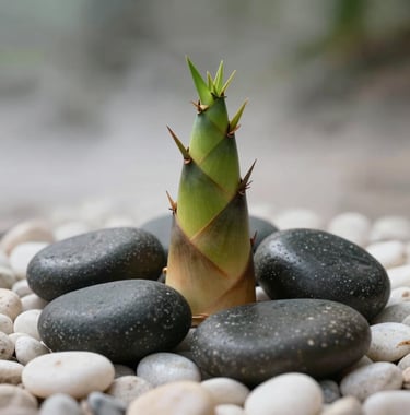 A serene close-up photograph of natural elements in a wellness retreat, showing a set of smooth dark river stones and a green bamboo shoot sitting on clean white pebbles, with a soft mist in the air. Soft diffused lighting, calming earth tones.