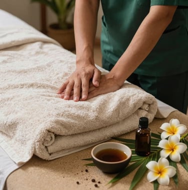 An elegant photograph of an Indonesian therapist preparing a massage room. Soft lighting illuminates the plush off-white towels, small bowls of aromatic oils, and freshly cut tropical flowers. Warm sand and deep green tones dominate the tranquil scene.