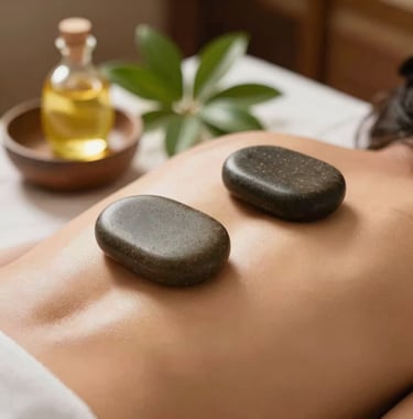 Close-up of smooth, warm massage stones placed on a person's back, surrounded by fresh green leaves and a small bowl of aromatic oils in a luxury Southeast Asian spa setting. Shallow depth of field, warm light.