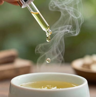 A close-up photograph of pure aromatic essential oil slowly dripping from a glass dropper into a ceramic water diffuser. The background is a soft-focus forest green, with natural wood and steam rising gently in a peaceful spa.