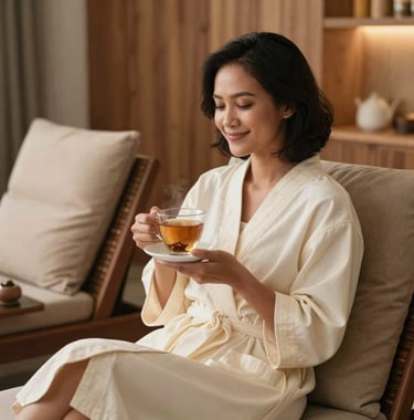 A candid photography of an Indonesian woman sitting in a relaxing post-therapy lounge, holding a warm cup of herbal tea. She is wearing a soft cream robe and smiling serenely. The room has natural wood elements, warm earth beige cushions, and soft ambient lighting.