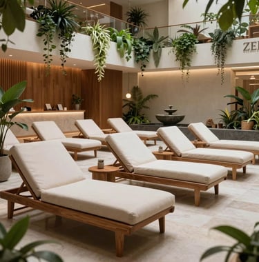 A wide-angle photography shot of a modern, tranquil relaxation lounge at Zenith Wellness in South Jakarta. Comfortable off-white lounge chairs are surrounded by cascading indoor plants, warm wood accents, and a subtle stone water fountain. Peaceful, calming atmosphere.