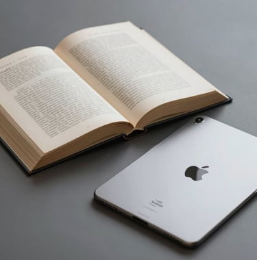 Cover-style shot of an open classic book next to a modern titanium tablet. Represents the balance of tradition and technology. Tones of #7D8C9C and #0C1E38.