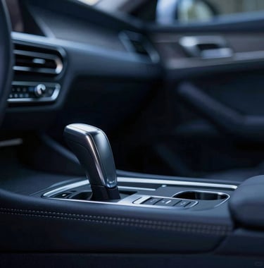 A minimalist and sharp detail of a high-performance luxury car's interior, focusing on the metallic silver gear shifter and dark leather upholstery, lit with a cold, elegant blue light (#0C1E38).