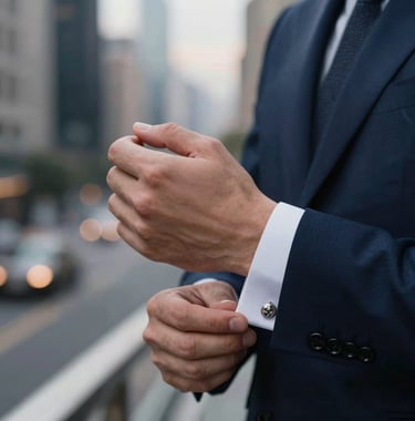 A detailed close-up of a man's hand in a bespoke navy suit sleeve, adjusting a silver cufflink. The background is a blurred high-end urban setting at dusk, reflecting #0C1E38 and #7D8C9C palette.