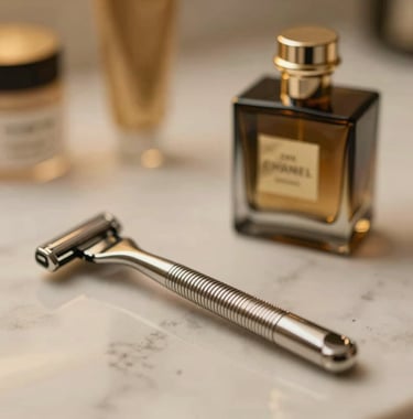 A collection of premium grooming essentials on a marble surface, including a silver razor and a dark glass cologne bottle, lit with warm gold tones.