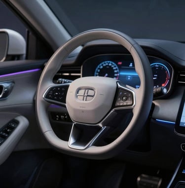 A luxury car interior at night, focus on the silver metallic steering wheel and the glowing dashboard. Sophisticated, tech-forward, and powerful.