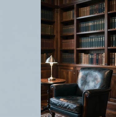 An interior shot of a sophisticated private library with dark wood shelves, a leather armchair, and a small silver lamp. The atmosphere is quiet, powerful, and aspirational, utilizing #0C1E38 and #7D8C9C tones.